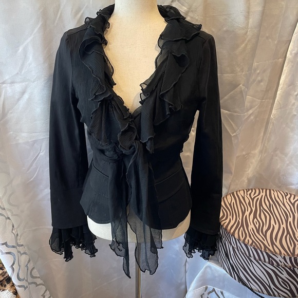 Black denim jacket by/Beshubie! Beautiful sheer ruffle trimmed collar cuffs/tie - Picture 5 of 8
